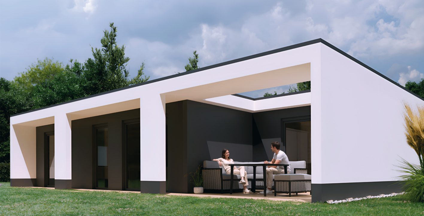 Modulhaus MH1 Die Rückseite des Tiny Haus MH1 bietet große Fensterflächen und eine sicht- und windgeschützte Terrasse.