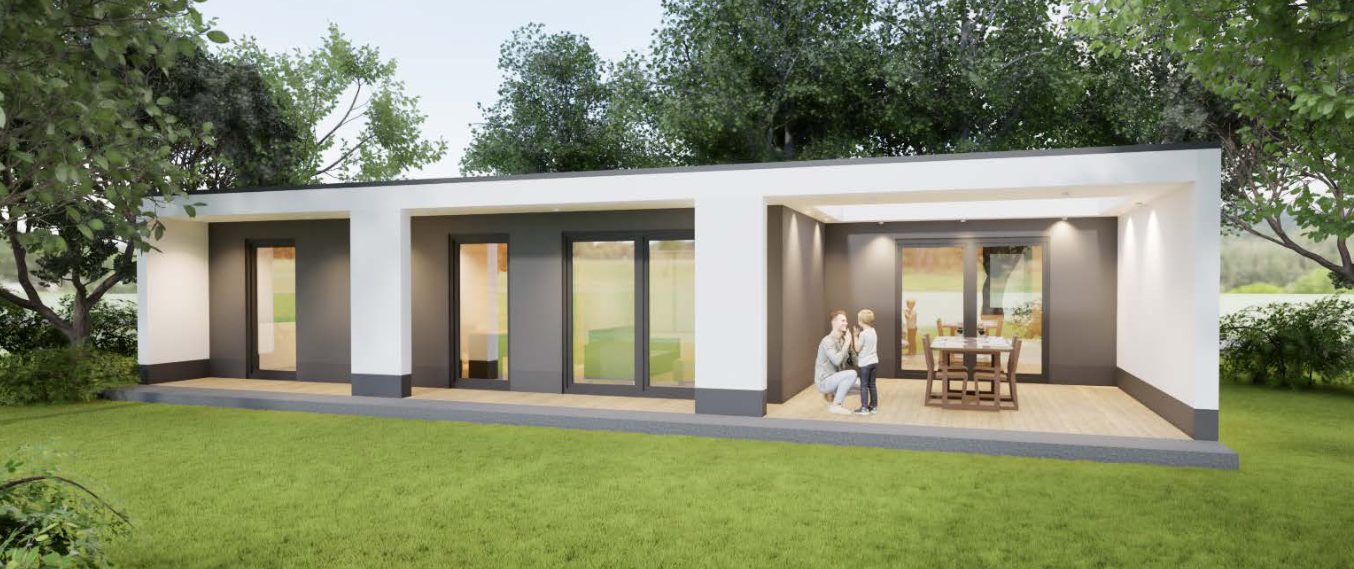 Modulhaus MH1 Die Rückseite des Tiny Haus MH1 bietet große Fensterflächen und eine sicht- und windgeschützte Terrasse.