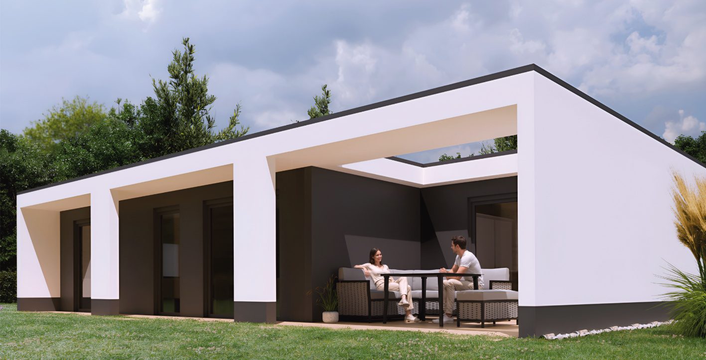 Modulhaus MH1 Die Rückseite des Tiny Haus MH1 bietet große Fensterflächen und eine sicht- und windgeschützte Terrasse.